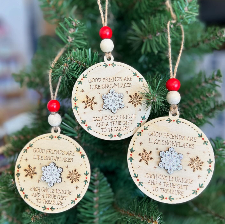 Good Friends Snowflake Quote Round Wood Ornament