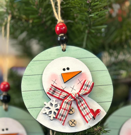 Shiplap Snowman with Bow Round Wood Ornament