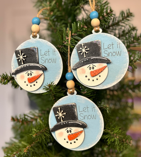 Let It Snow Snowman Head Round Wood Ornament