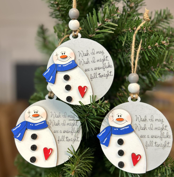 "Wish I May" Snowman Round Wood Ornament