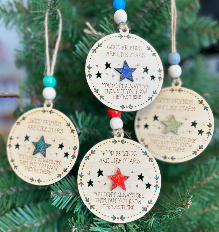 Good Friends Are Like Stars Quote Round Wood Ornament