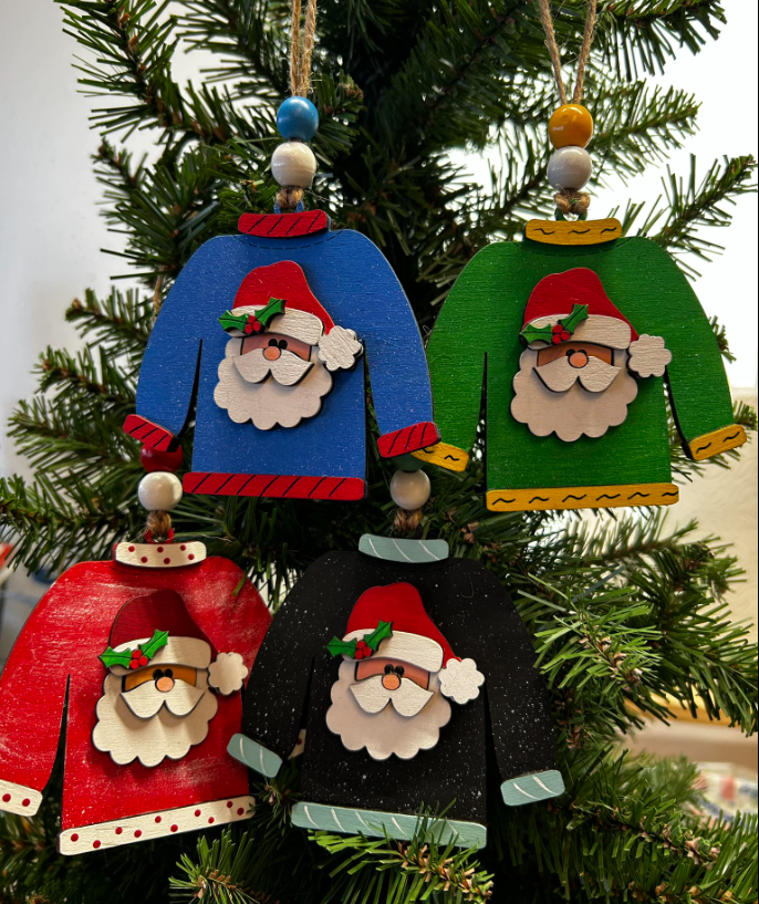 Ugly Sweater Santa Wood Ornament