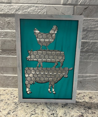 Faux Chicken Wire Farmhouse Sign - Cow, Pig & Chicken