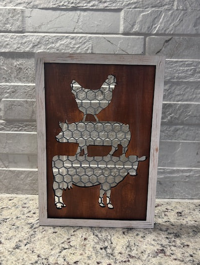 Faux Chicken Wire Farmhouse Sign - Cow, Pig & Chicken